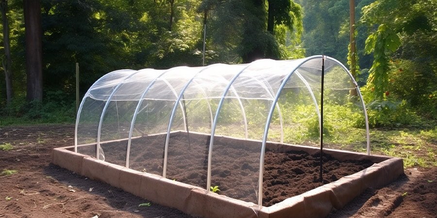 Lay your tarp out along one side with the black side facing the plants and pull it over the hoops. The white side should be facing outwards. Then, using longboards, rocks, or clips, secure the sides of the tarp to the ground. 