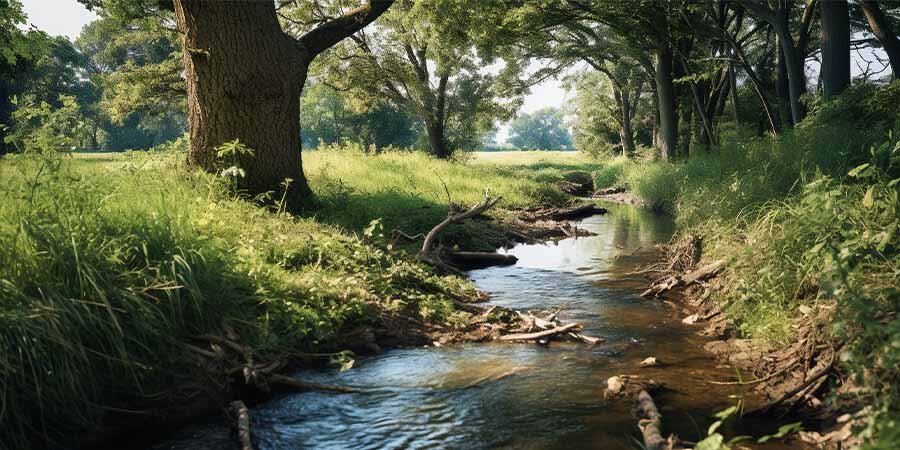 Natural swale in rural area with trees and grass