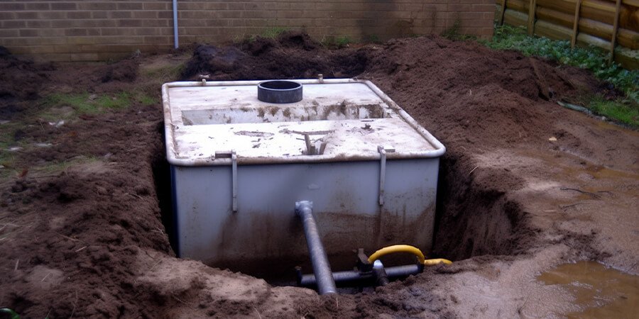Water container from IBC, partially buried for rainwater collecting